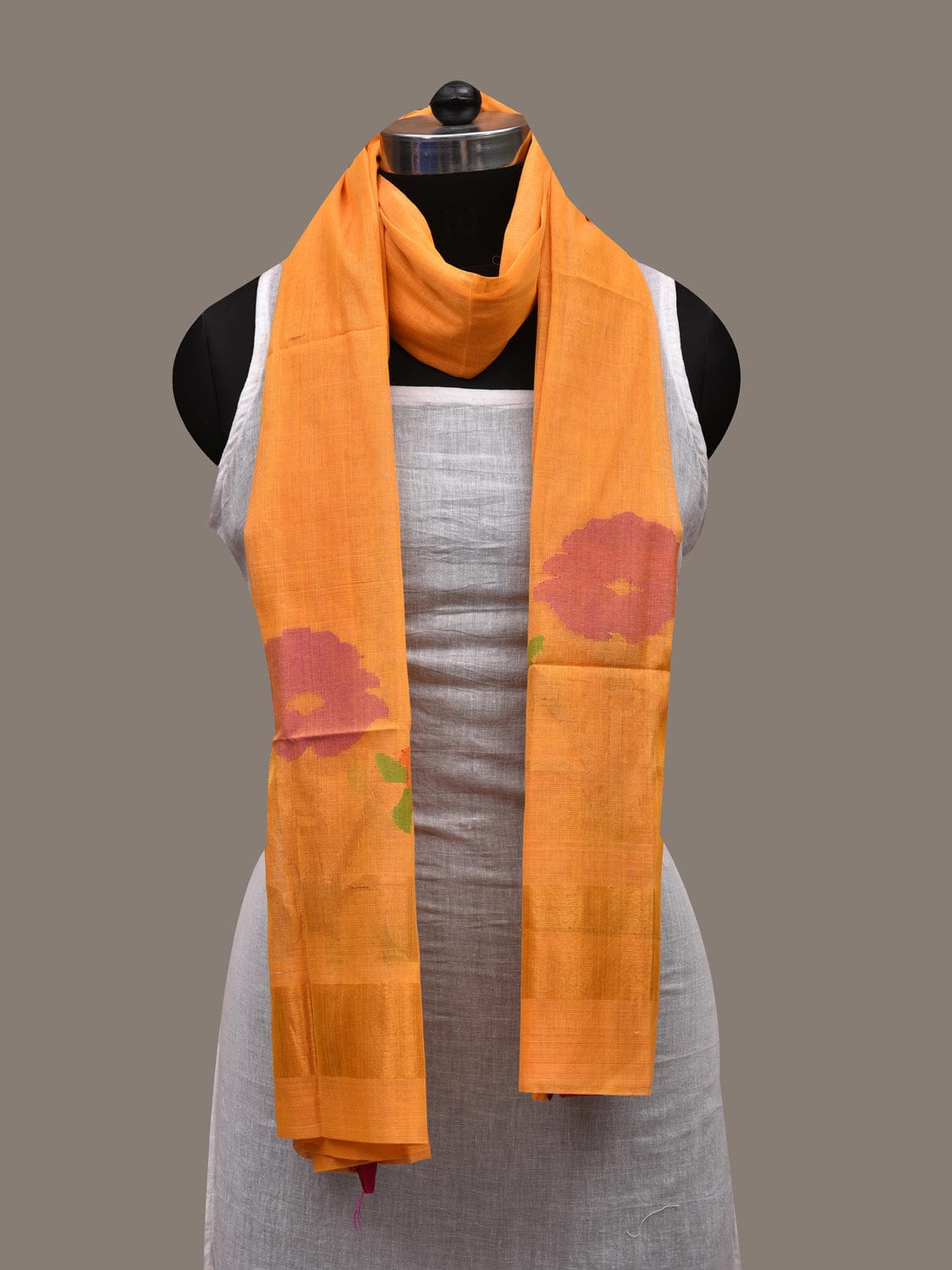 Orange Khadi Cotton Handloom Dupatta with Flower Design ds2651