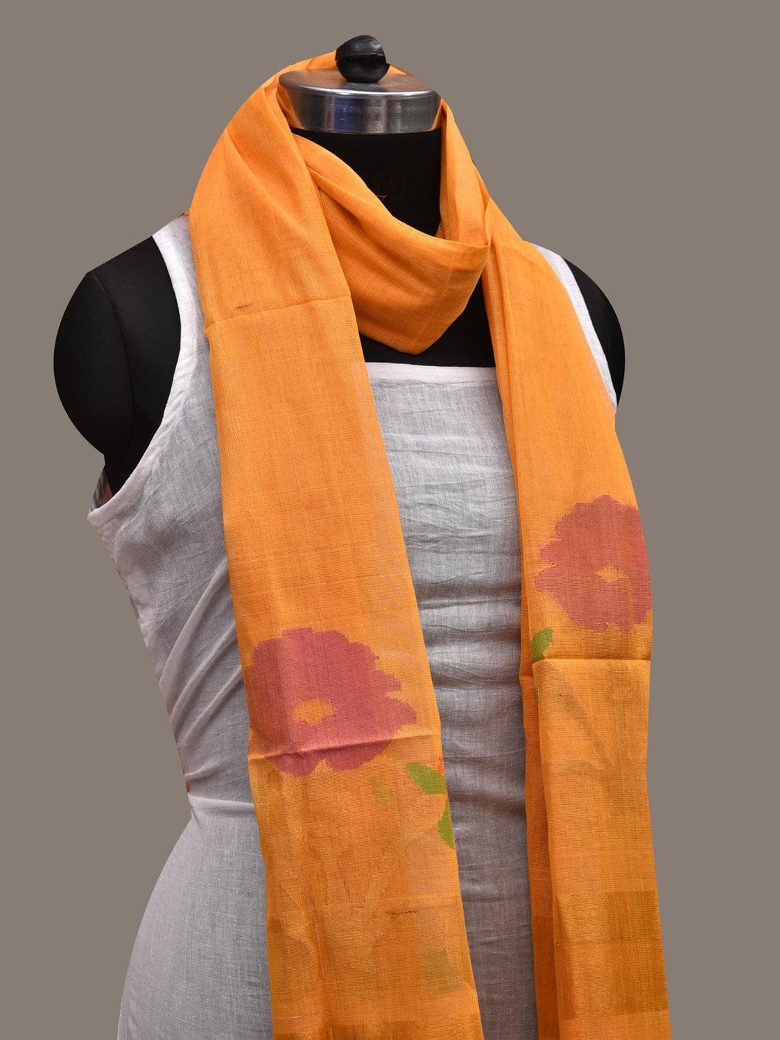 Orange Khadi Cotton Handloom Dupatta with Flower Design ds2651