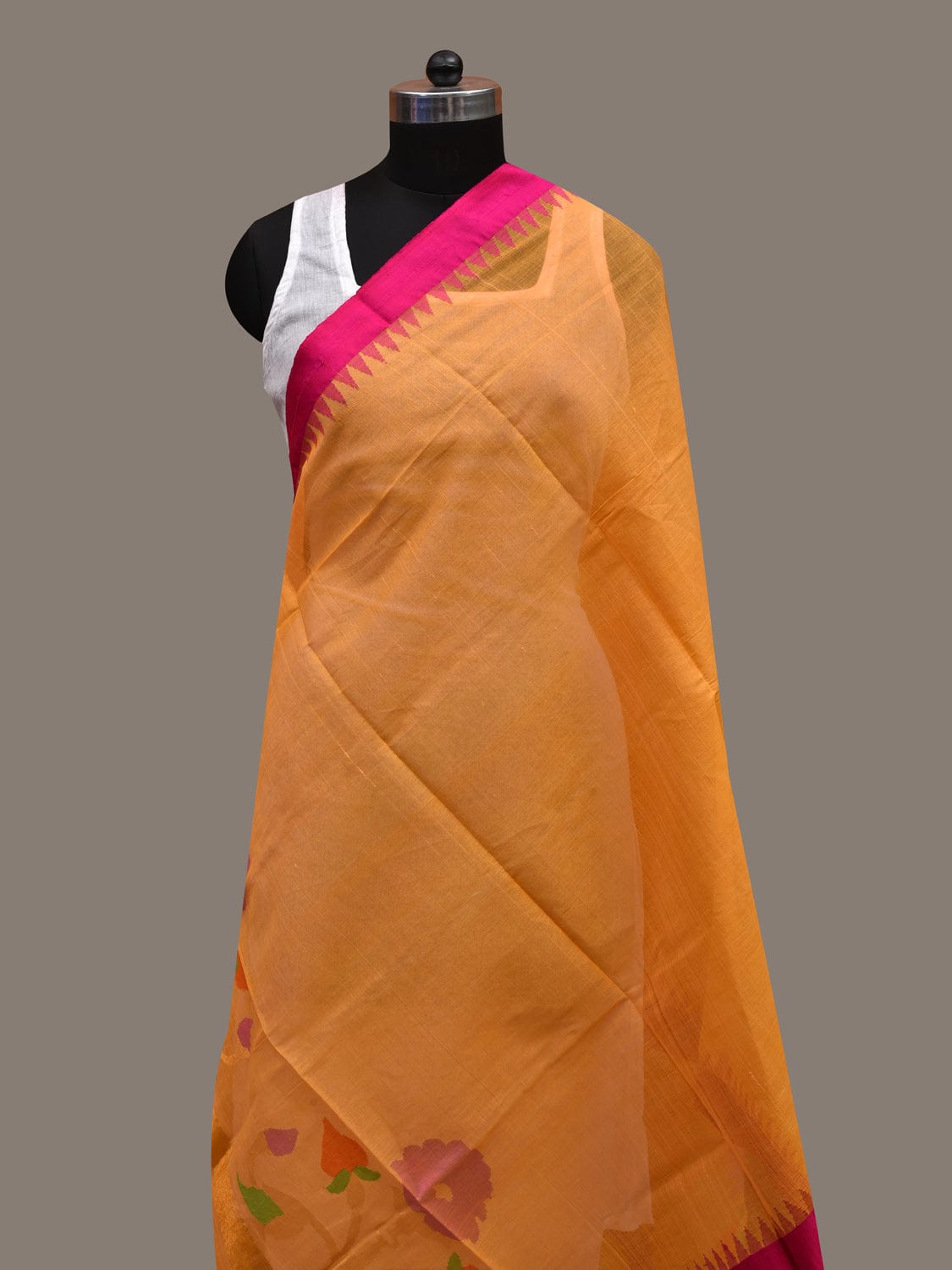 Orange Khadi Cotton Handloom Dupatta with Flower Design ds2651