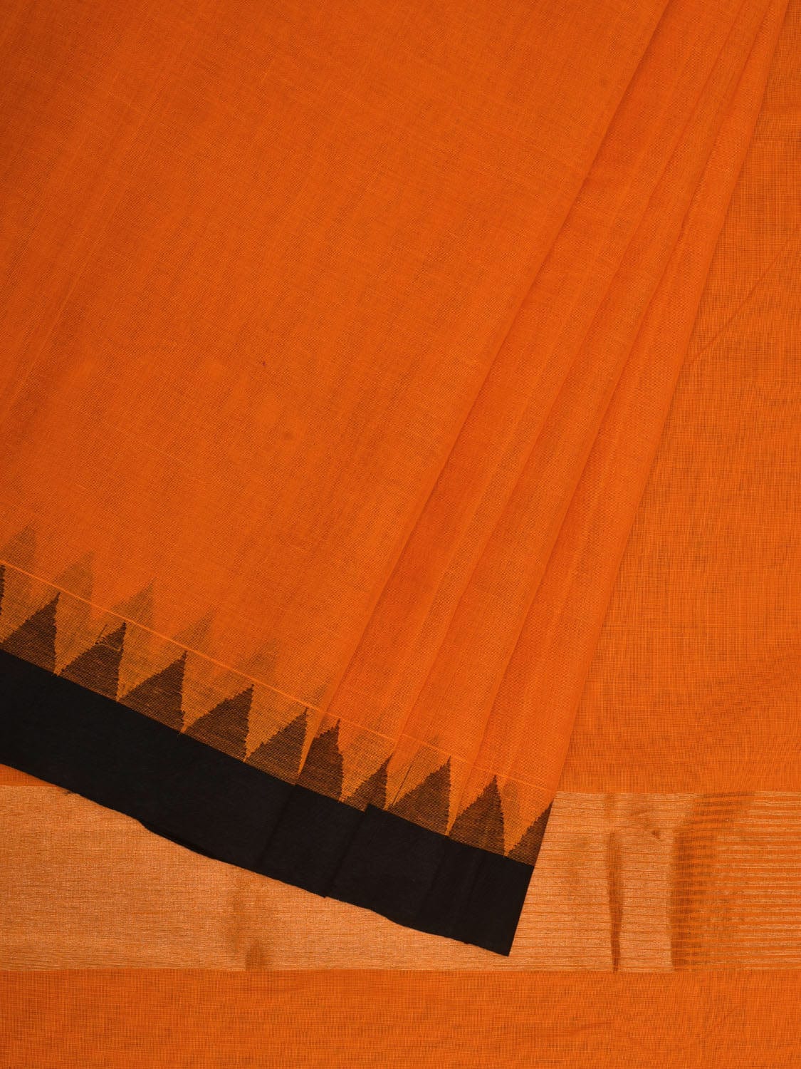 Orange Khadi Cotton Handloom Plain Saree with Temple Border Design kh0562