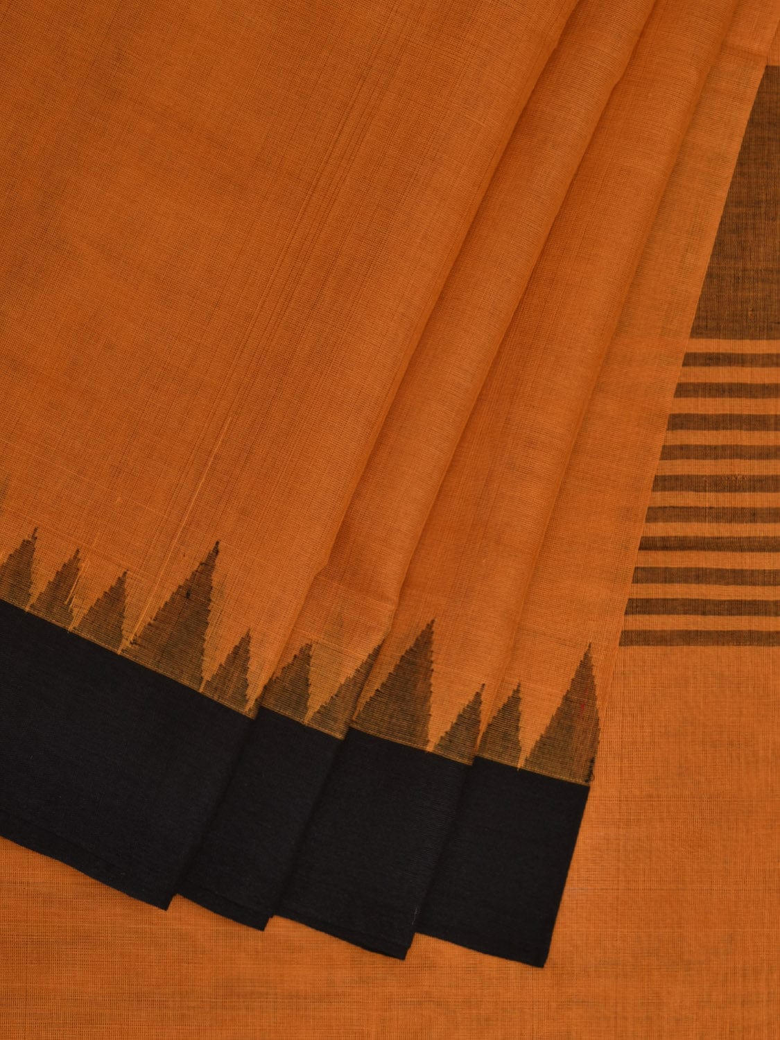 Orange Khadi Cotton Handloom Plain Saree with Temple Border Design kh0565