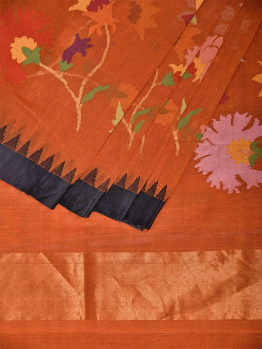 Orange Khadi Cotton Handloom Saree with All Over Floral Design kh0701