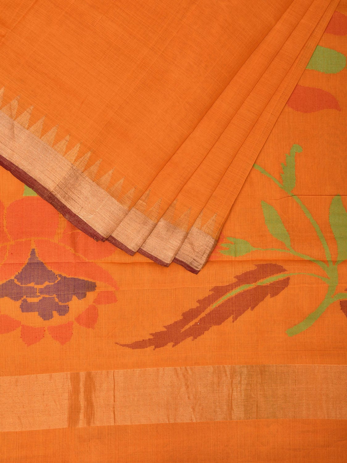 Orange Khadi Cotton Handloom Saree with Big Lotus Pallu Design kh0619