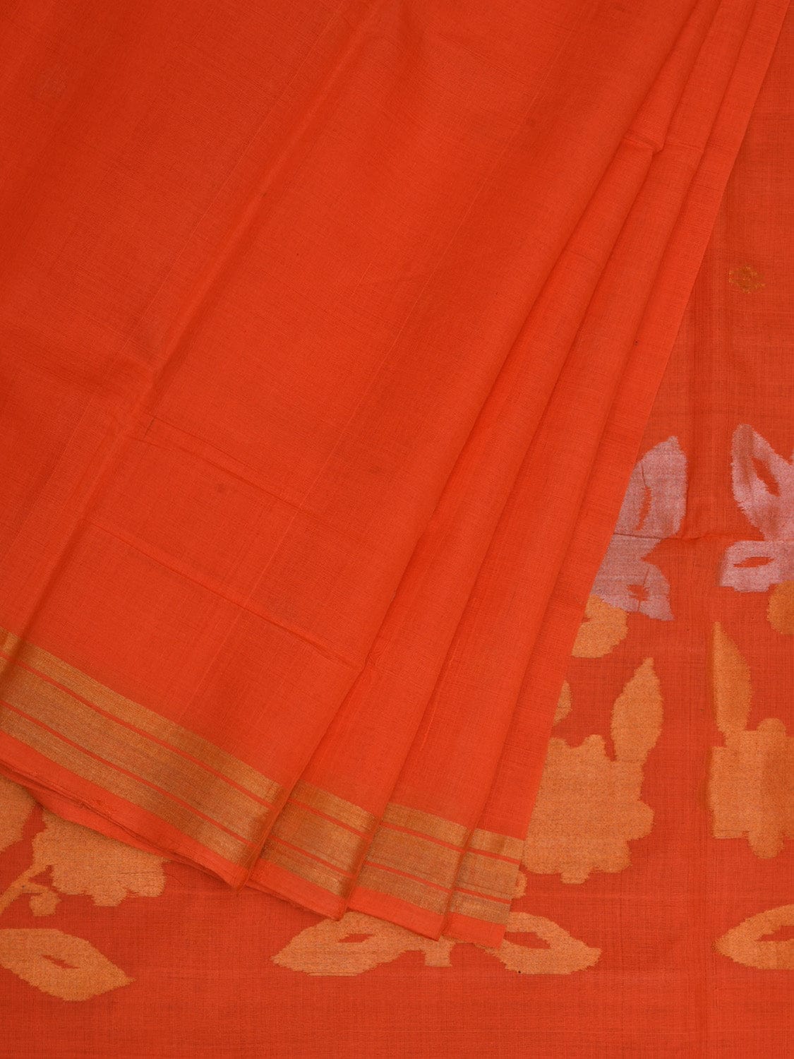 Orange Khadi Cotton Handloom Saree with Flowers Pallu Design kh0581
