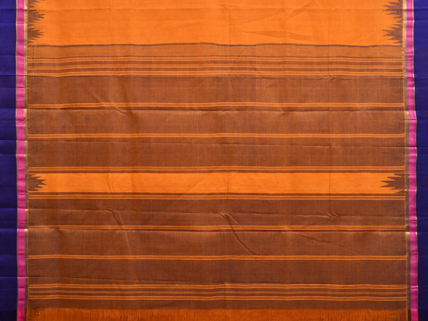 Orange Khadi Cotton Handloom Saree with Temple Border Design kh0674