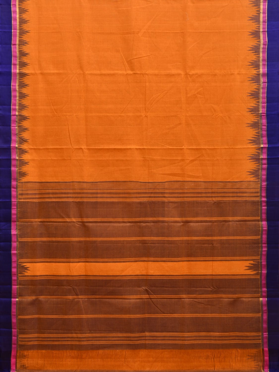 Orange Khadi Cotton Handloom Saree with Temple Border Design kh0674