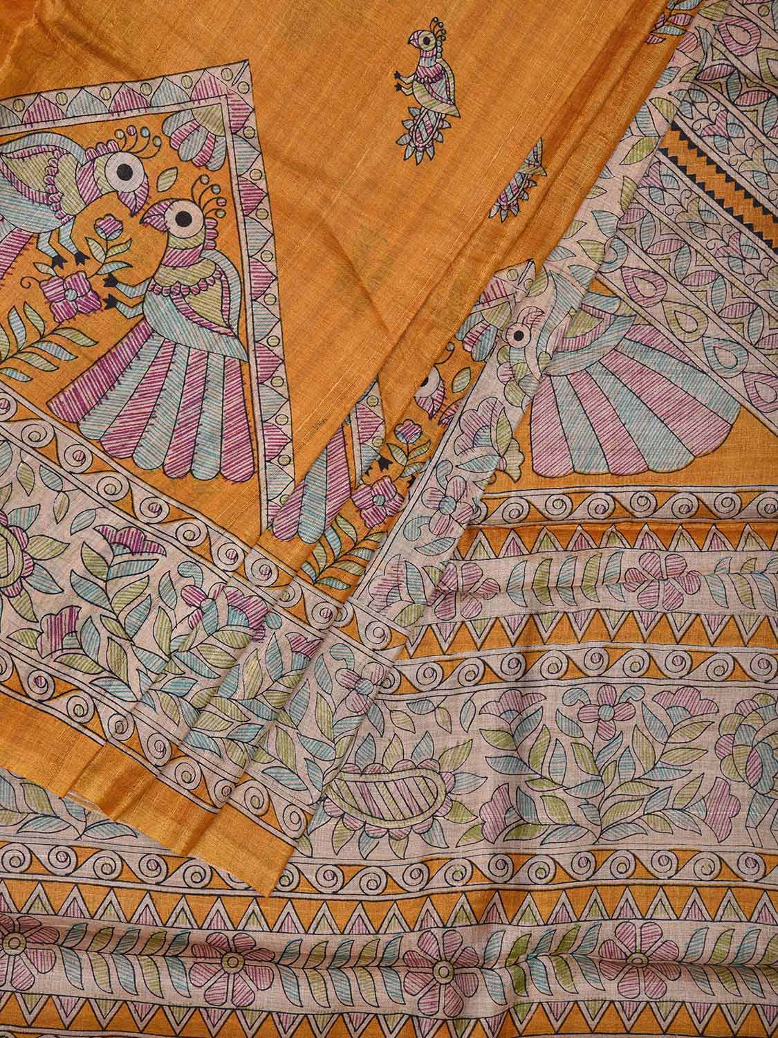Orange Madhubani Tussar Saree with Birds Buta Pallu and Border Design o0536