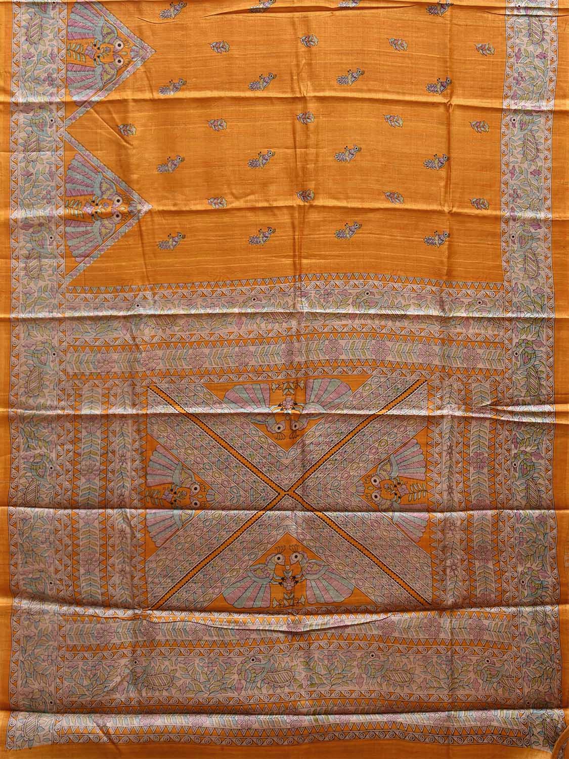 Orange Madhubani Tussar Saree with Birds Buta Pallu and Border Design o0536