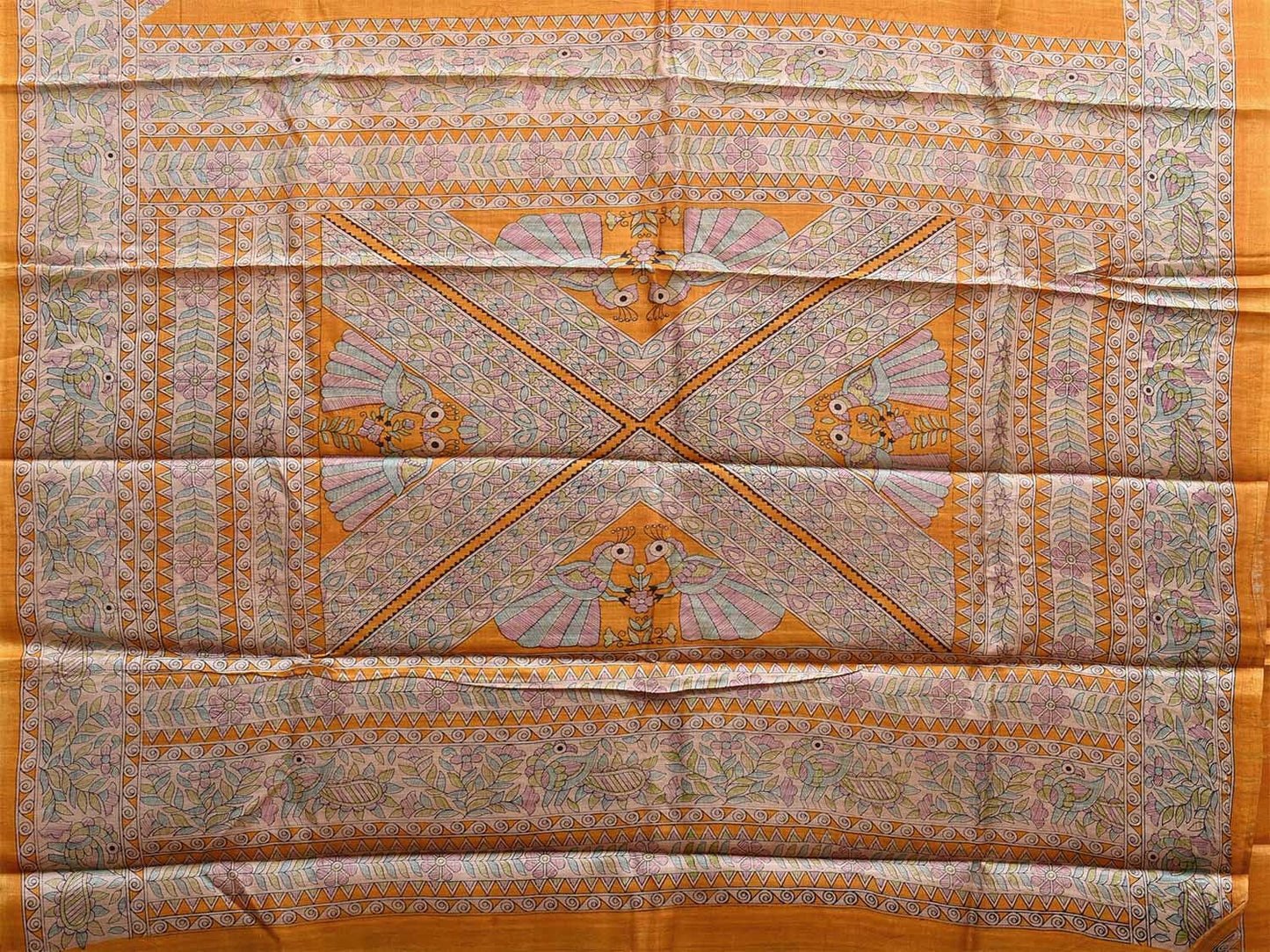 Orange Madhubani Tussar Saree with Birds Buta Pallu and Border Design o0536