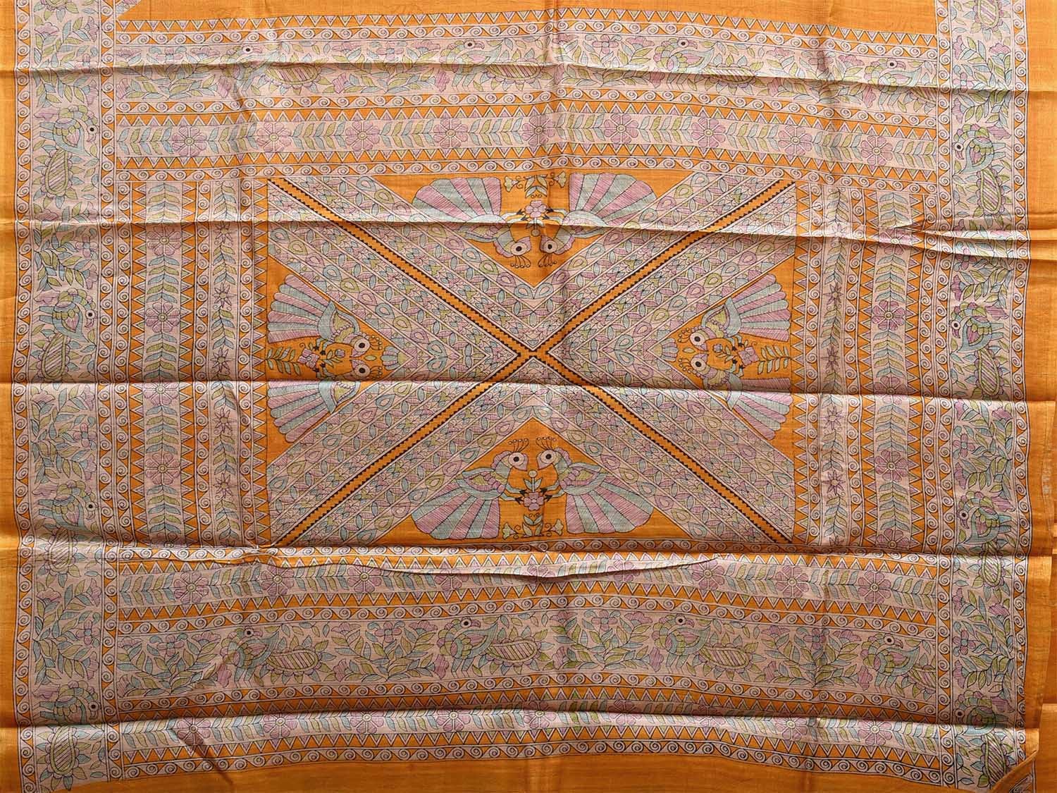 Orange Madhubani Tussar Saree with Birds Buta Pallu and Border Design o0536