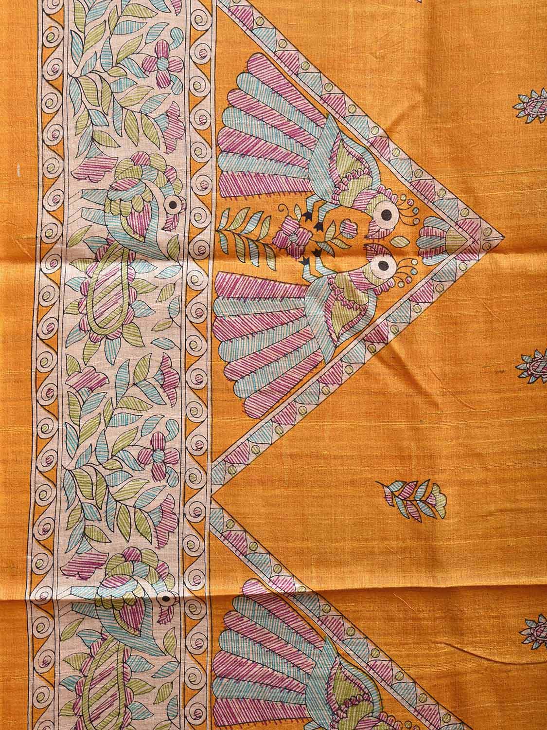 Orange Madhubani Tussar Saree with Birds Buta Pallu and Border Design o0536