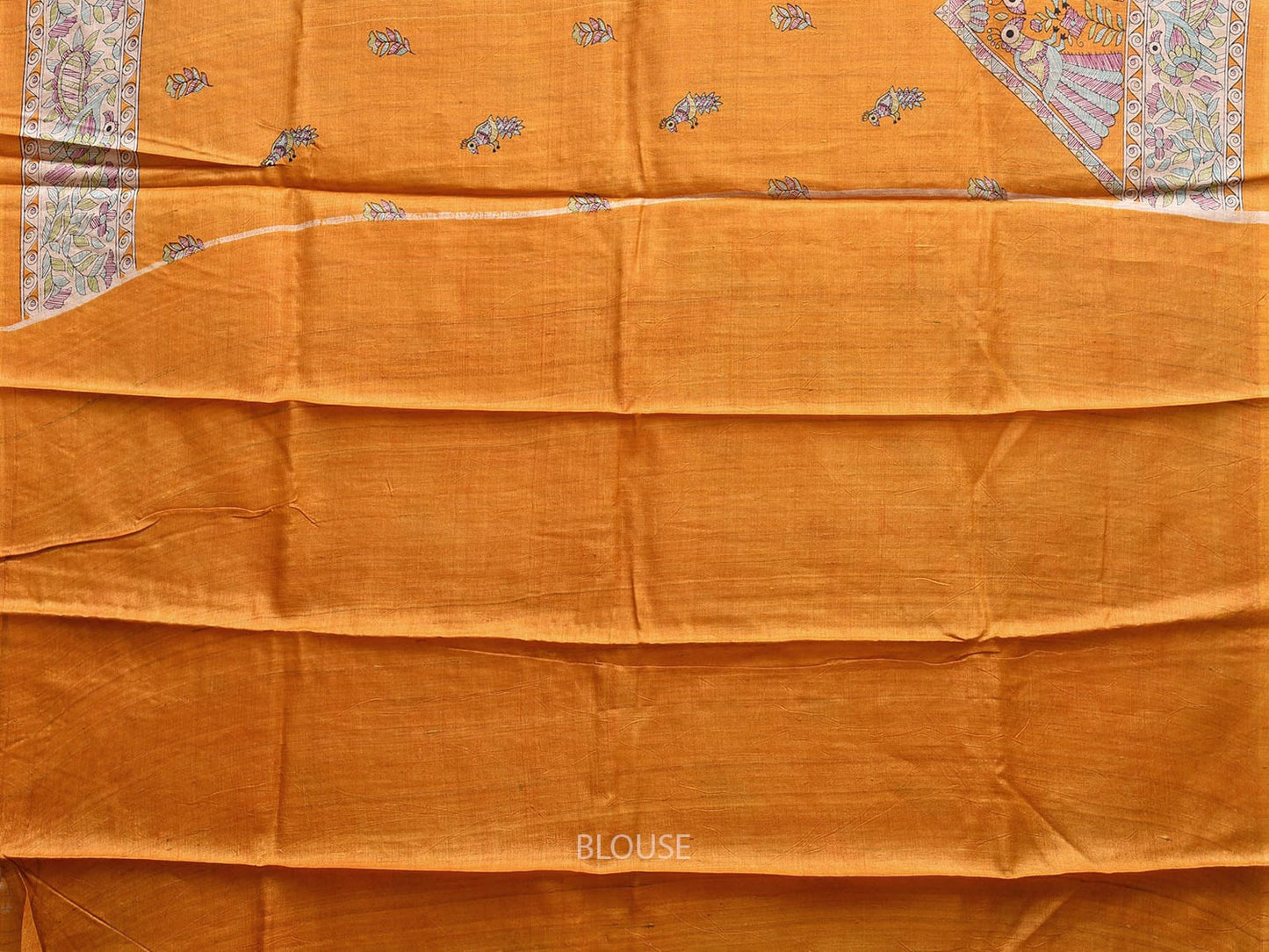 Orange Madhubani Tussar Saree with Birds Buta Pallu and Border Design o0536