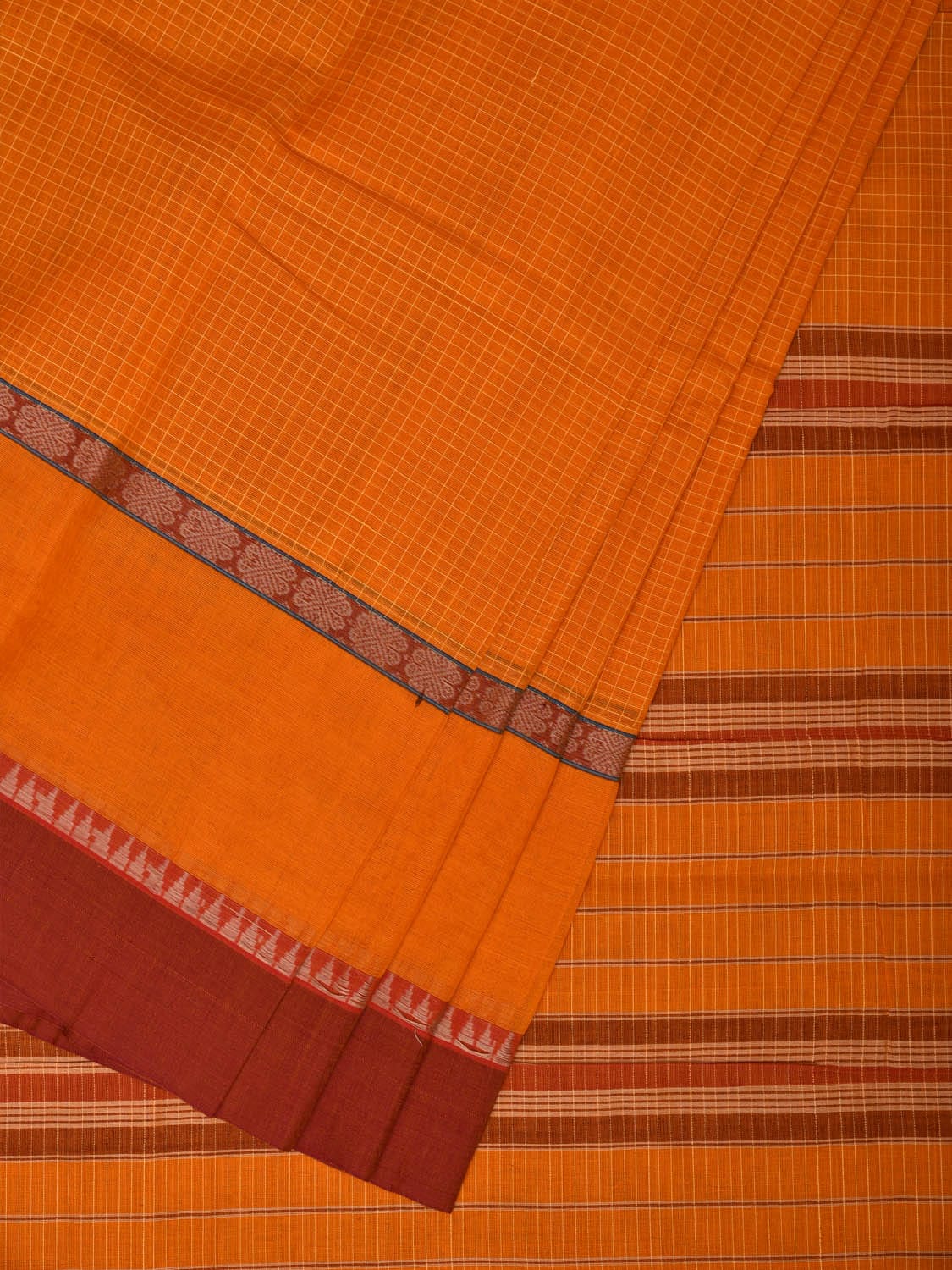 Orange Narayanpet Cotton Handloom Saree with Checks Design No Blouse np0659