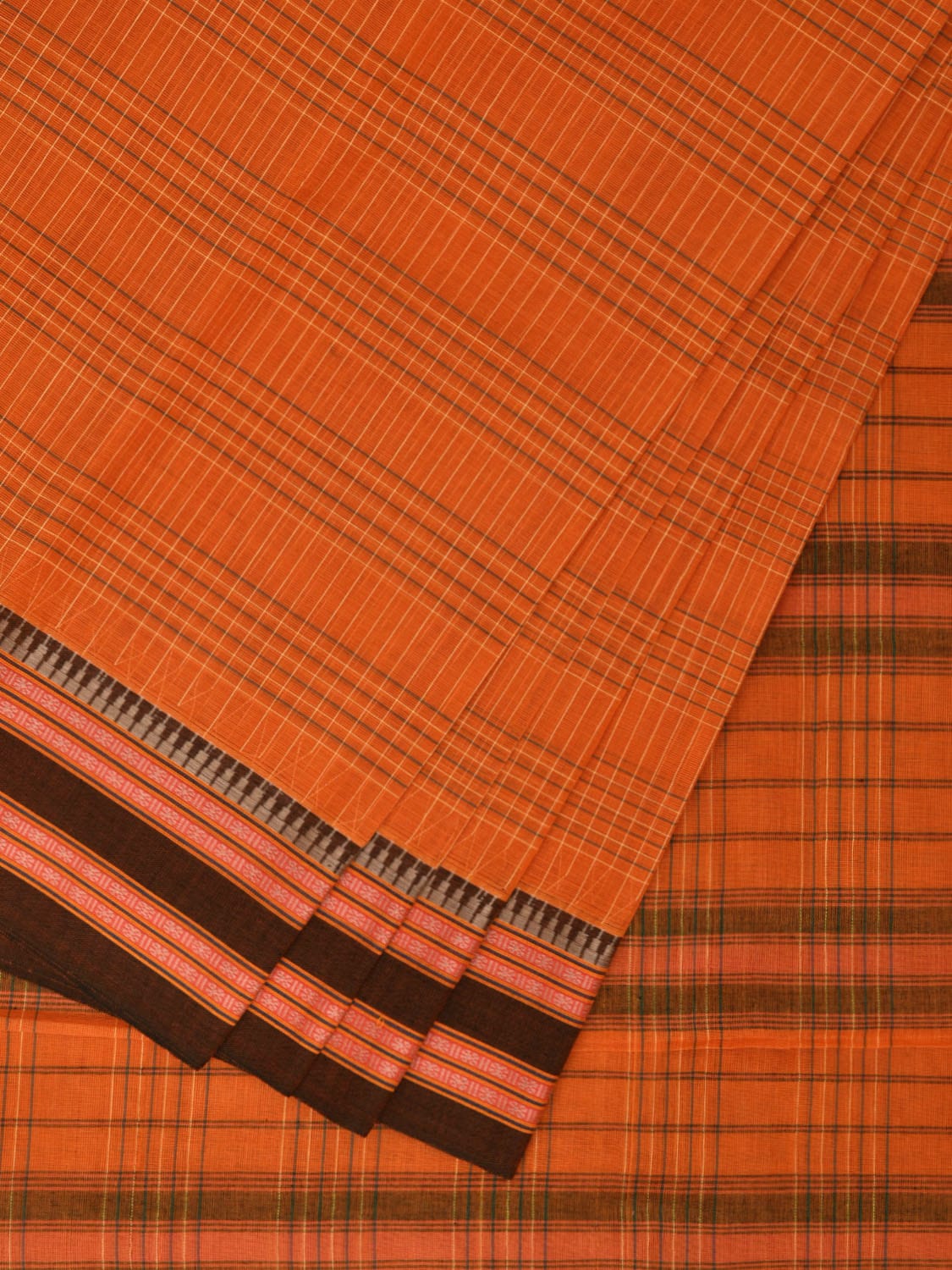 Orange Narayanpet Cotton Handloom Saree with Checks Design No Blouse np0867