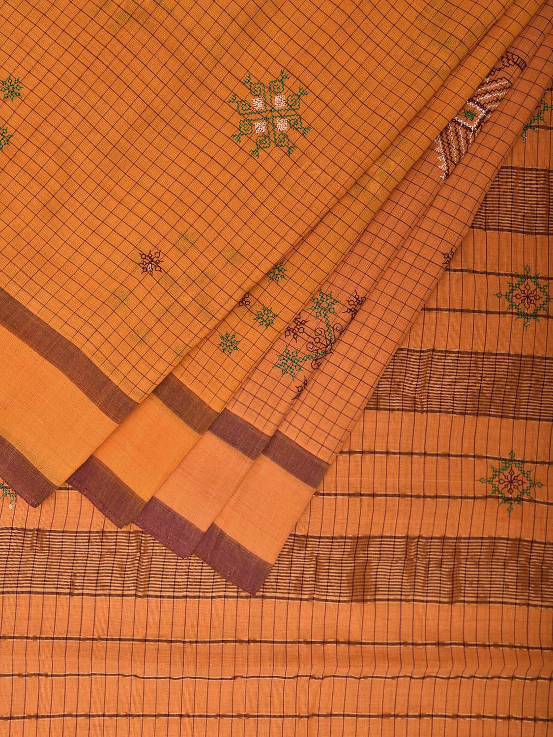 Orange Narayanpet Cotton Handloom Saree with Kasuti Work Design No Blouse o0580