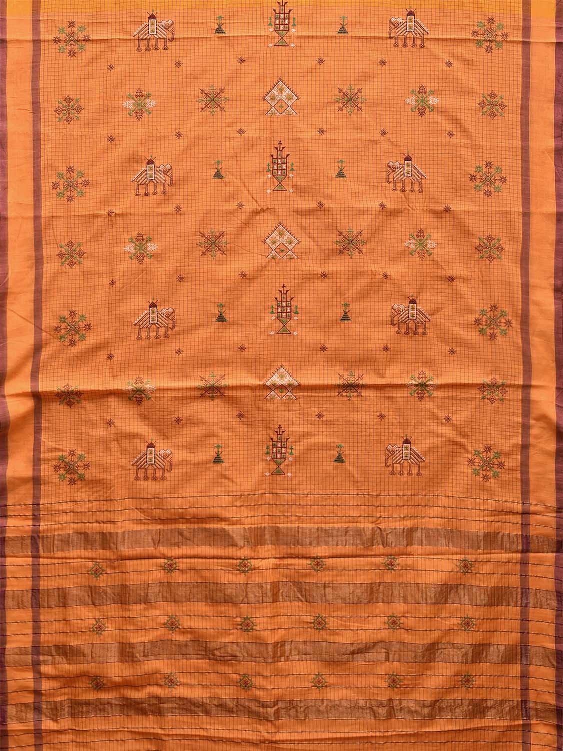 Orange Narayanpet Cotton Handloom Saree with Kasuti Work Design No Blouse o0580