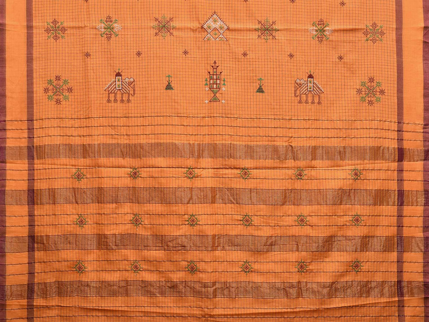Orange Narayanpet Cotton Handloom Saree with Kasuti Work Design No Blouse o0580