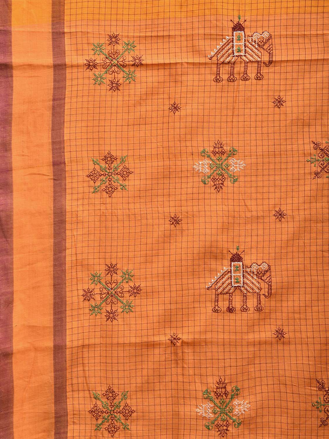 Orange Narayanpet Cotton Handloom Saree with Kasuti Work Design No Blouse o0580