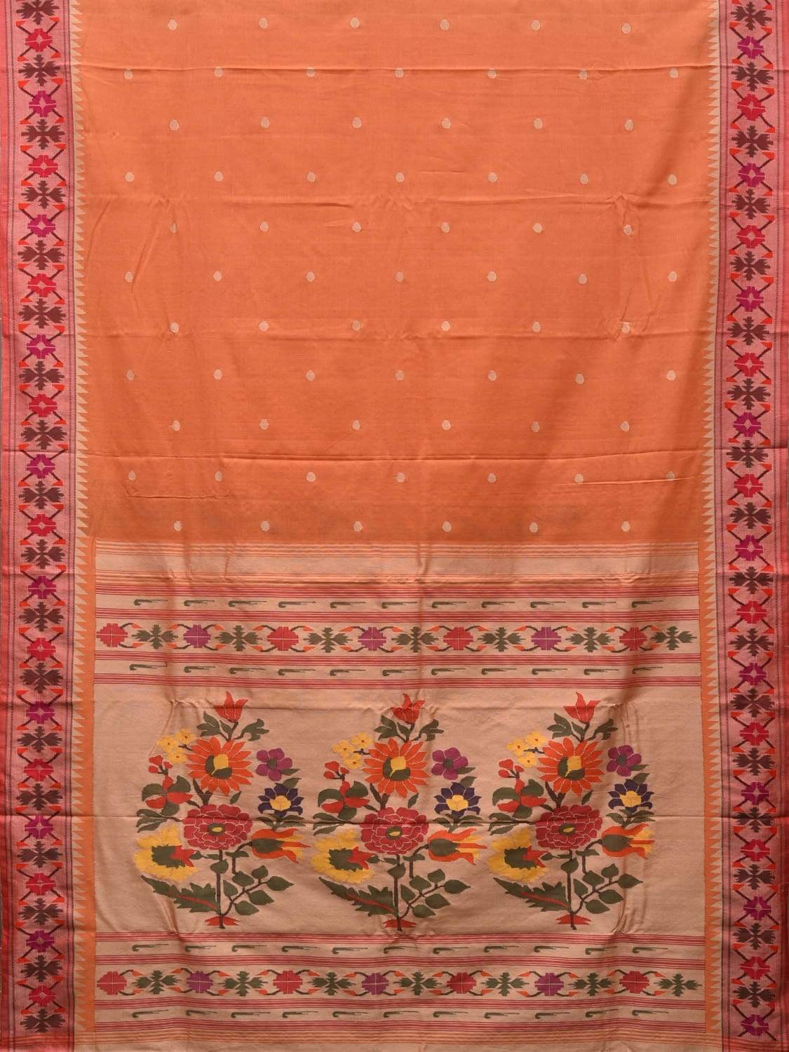 Orange Paithani Cotton Handloom Saree with Aakruti Border Design p0364