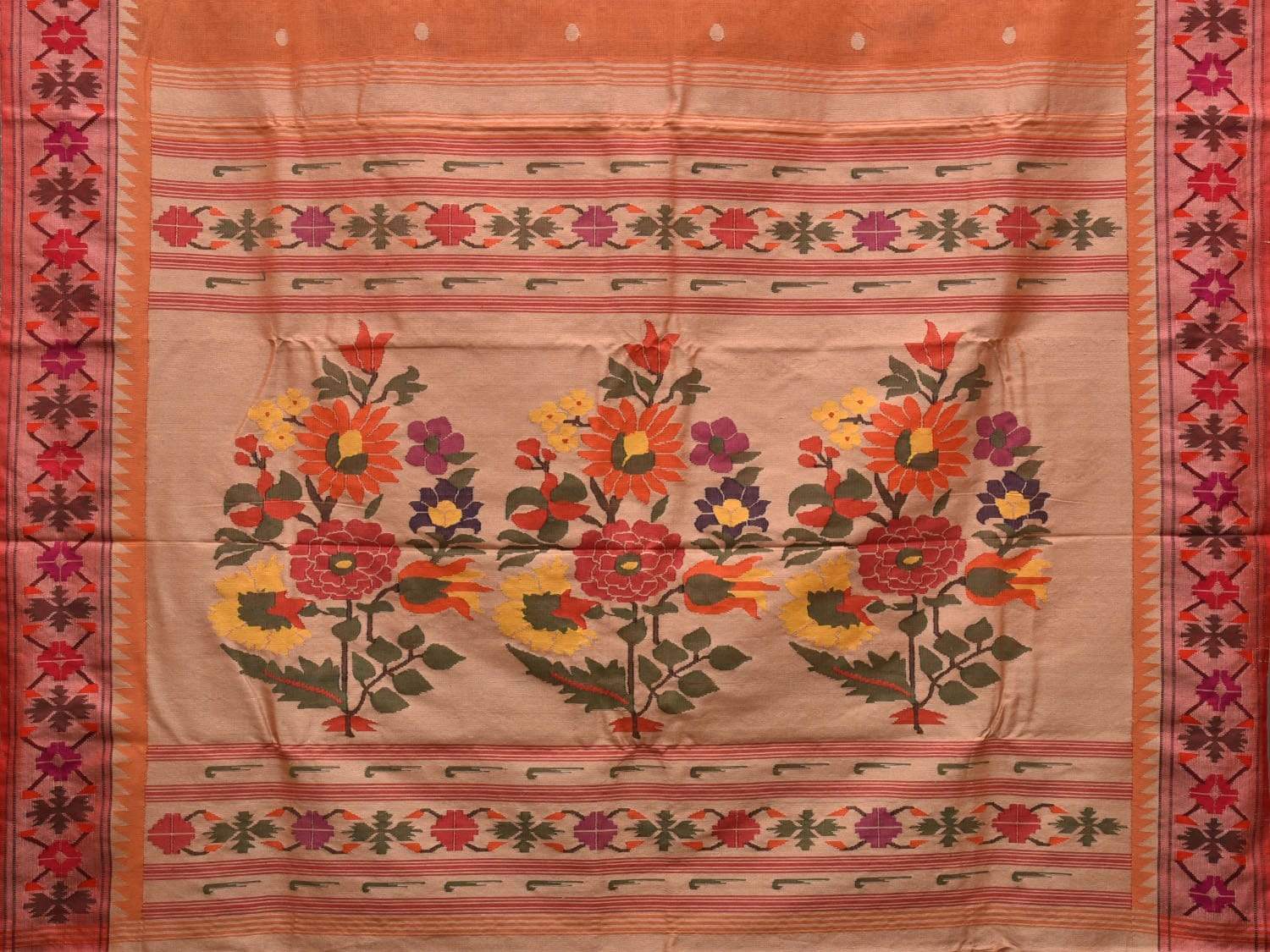 Orange Paithani Cotton Handloom Saree with Aakruti Border Design p0364