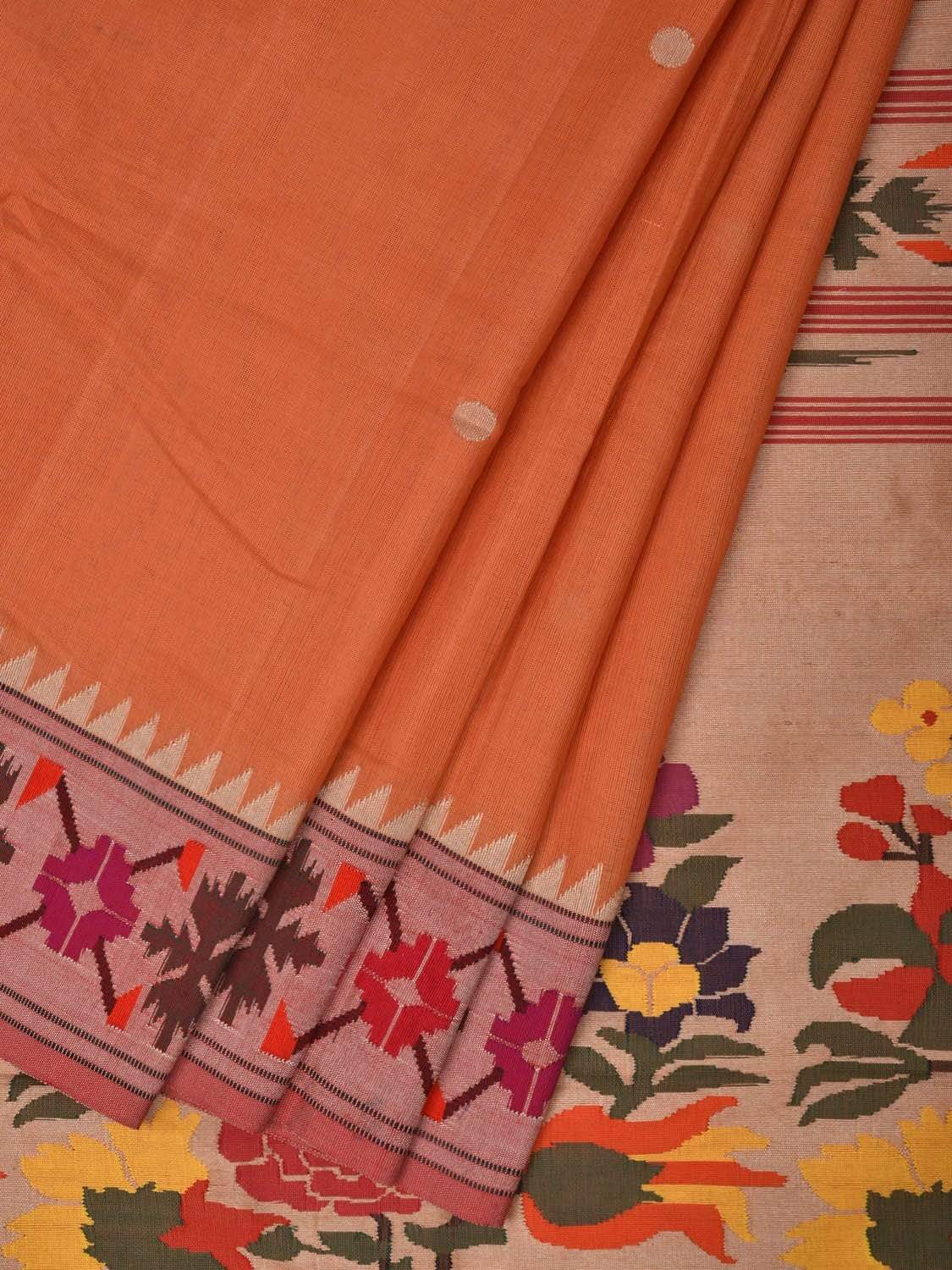 Orange Paithani Cotton Handloom Saree with Aakruti Border Design p0364