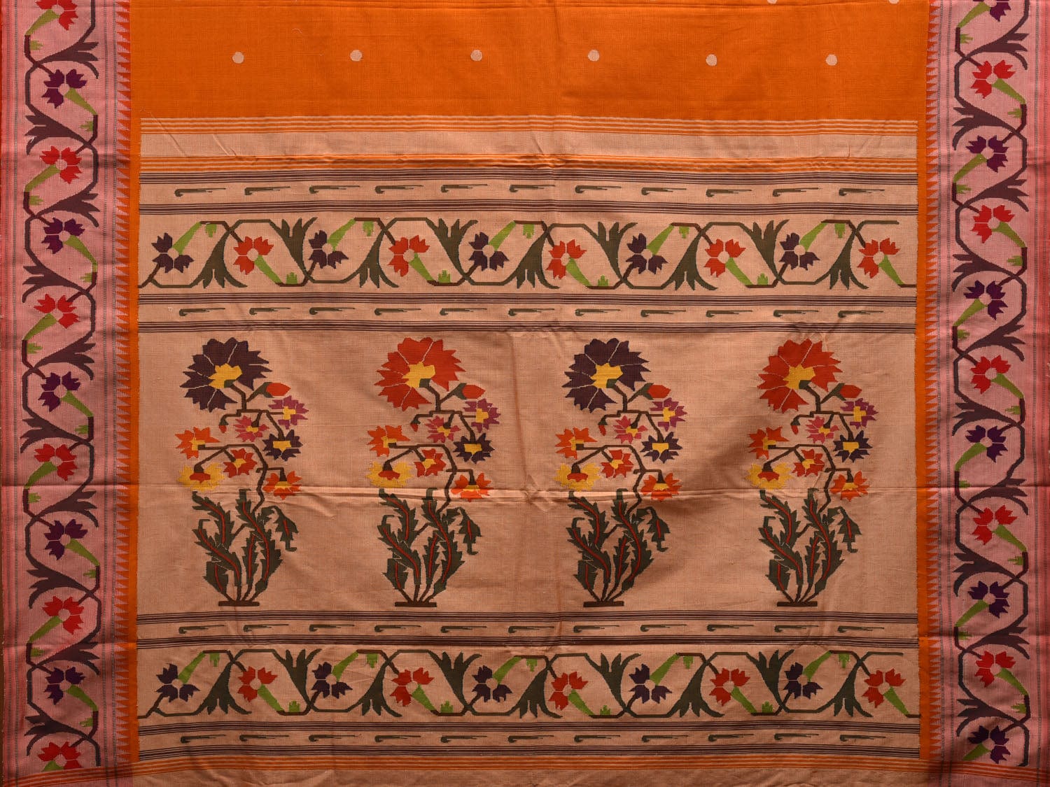 Orange Paithani Cotton Handloom Saree with Ashavali Border Design p0434