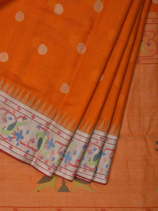 Orange Paithani Cotton Handloom Saree with Parrot Border Design p0365