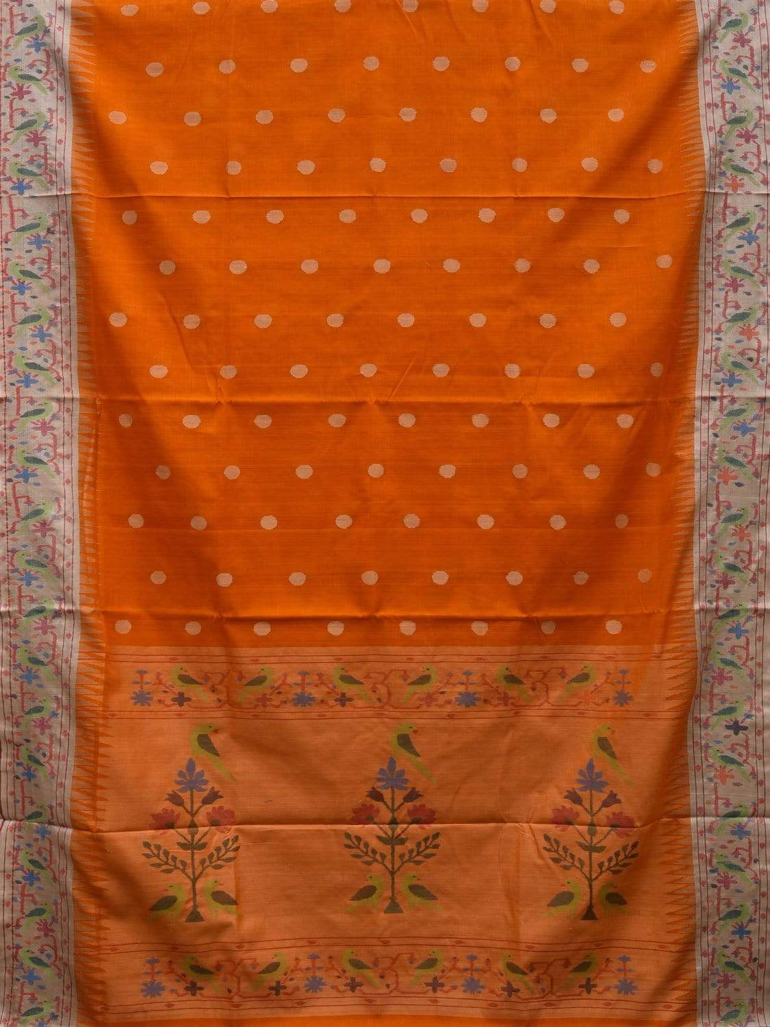 Orange Paithani Cotton Handloom Saree with Parrot Border Design p0365