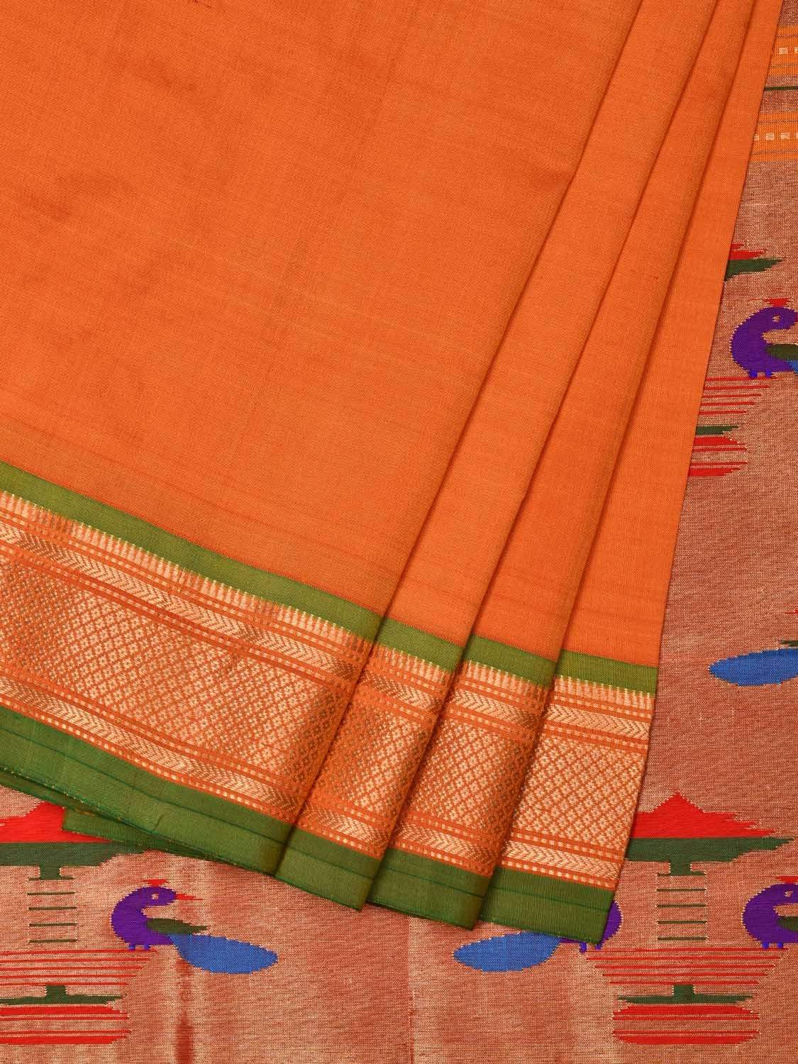 Orange Paithani Silk Handloom Saree with Double Pallu Design p0374