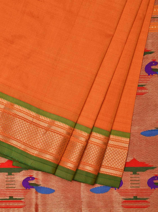 Orange Paithani Silk Handloom Saree with Double Pallu Design p0374