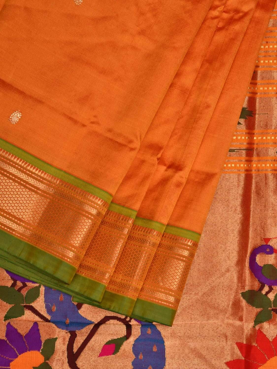 Orange Paithani Silk Handloom Saree with Peacocks and Lotus Pallu Design p0403