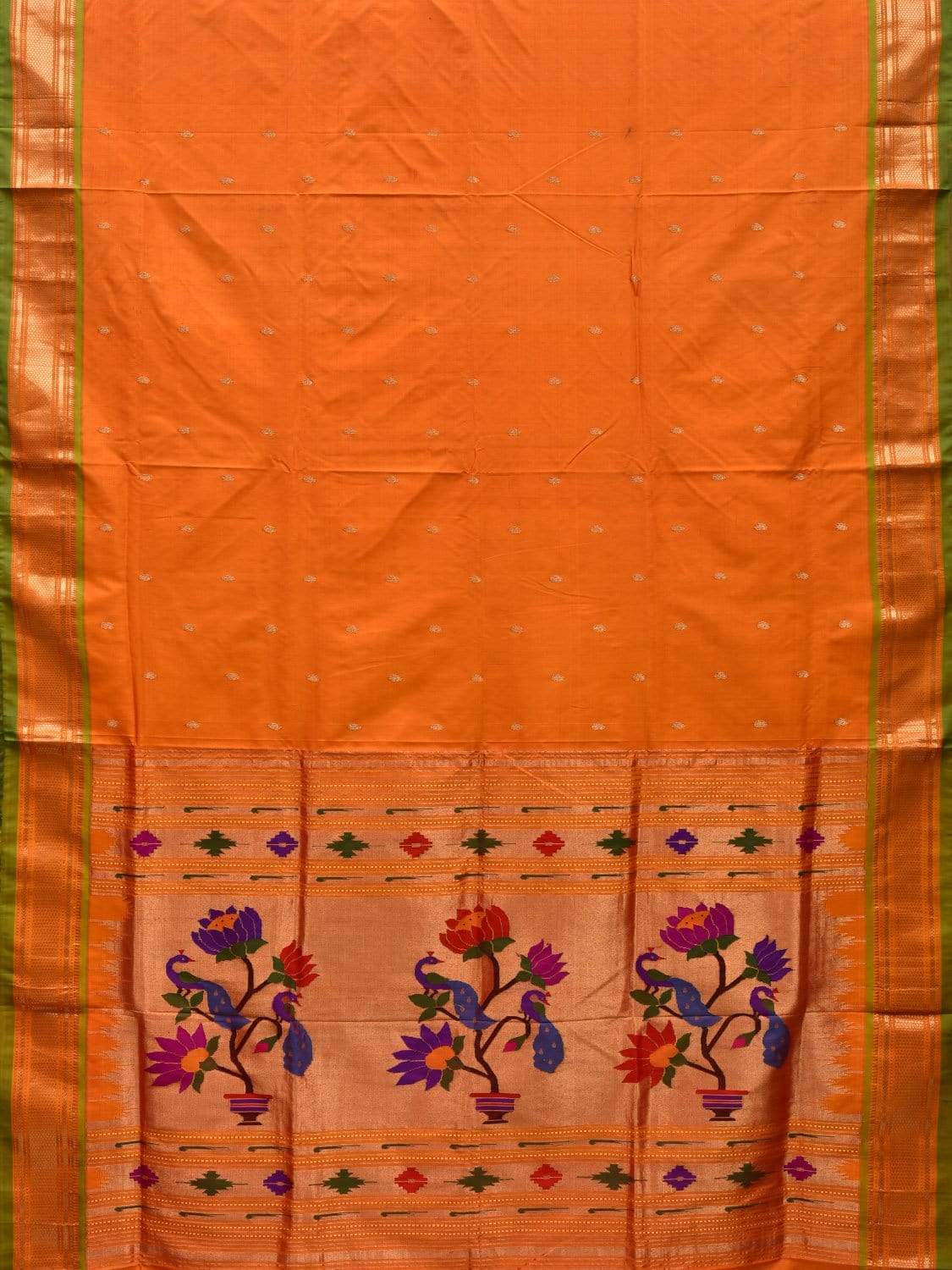 Orange Paithani Silk Handloom Saree with Peacocks and Lotus Pallu Design p0403
