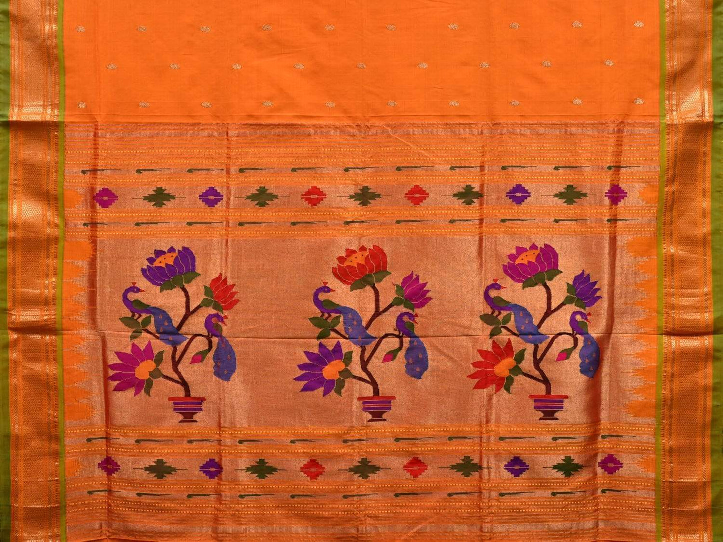 Orange Paithani Silk Handloom Saree with Peacocks and Lotus Pallu Design p0403