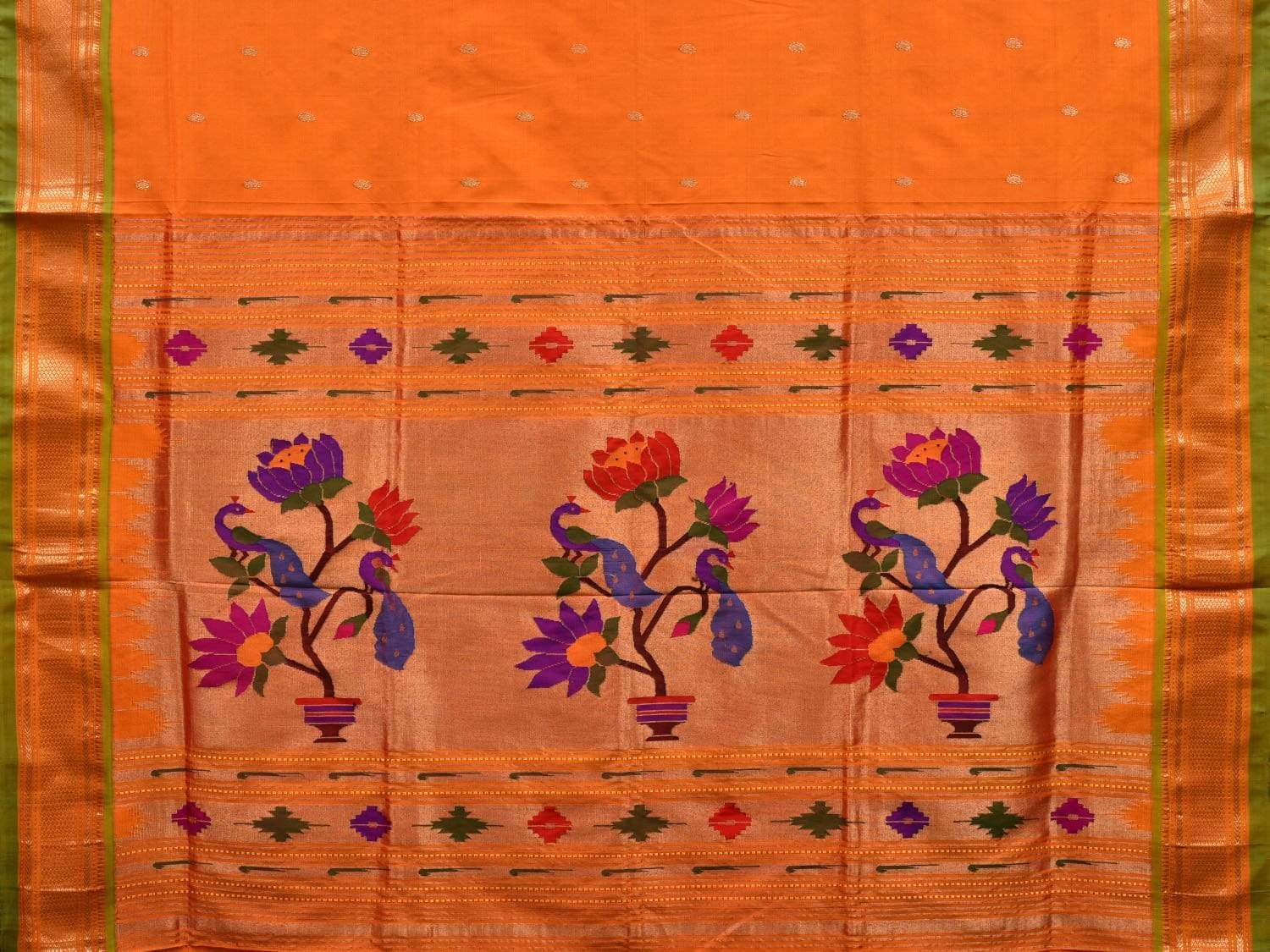Orange Paithani Silk Handloom Saree with Peacocks and Lotus Pallu Design p0403
