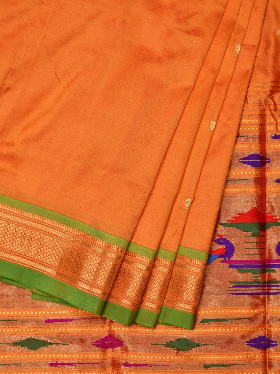 Orange Paithani Silk Handloom Saree with Single Pallu Design p0372