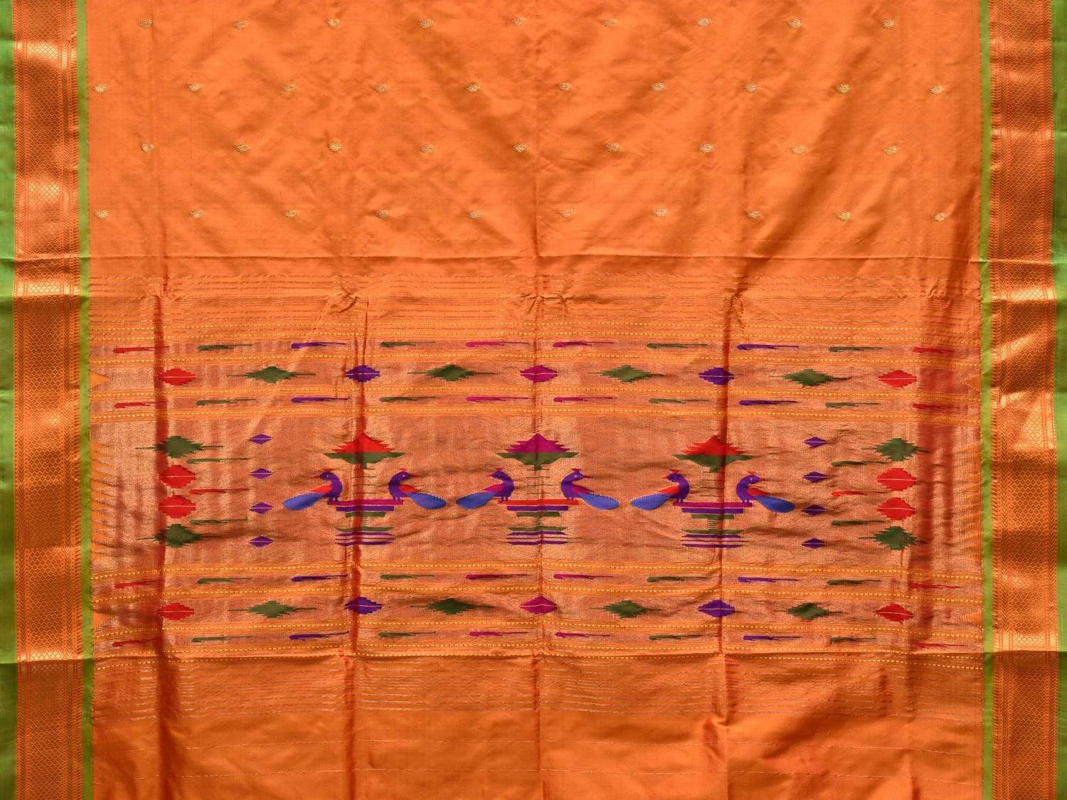 Orange Paithani Silk Handloom Saree with Single Pallu Design p0372