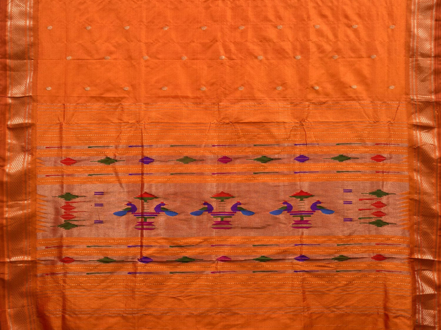 Orange Paithani Silk Handloom Saree with Single Pallu Design p0448