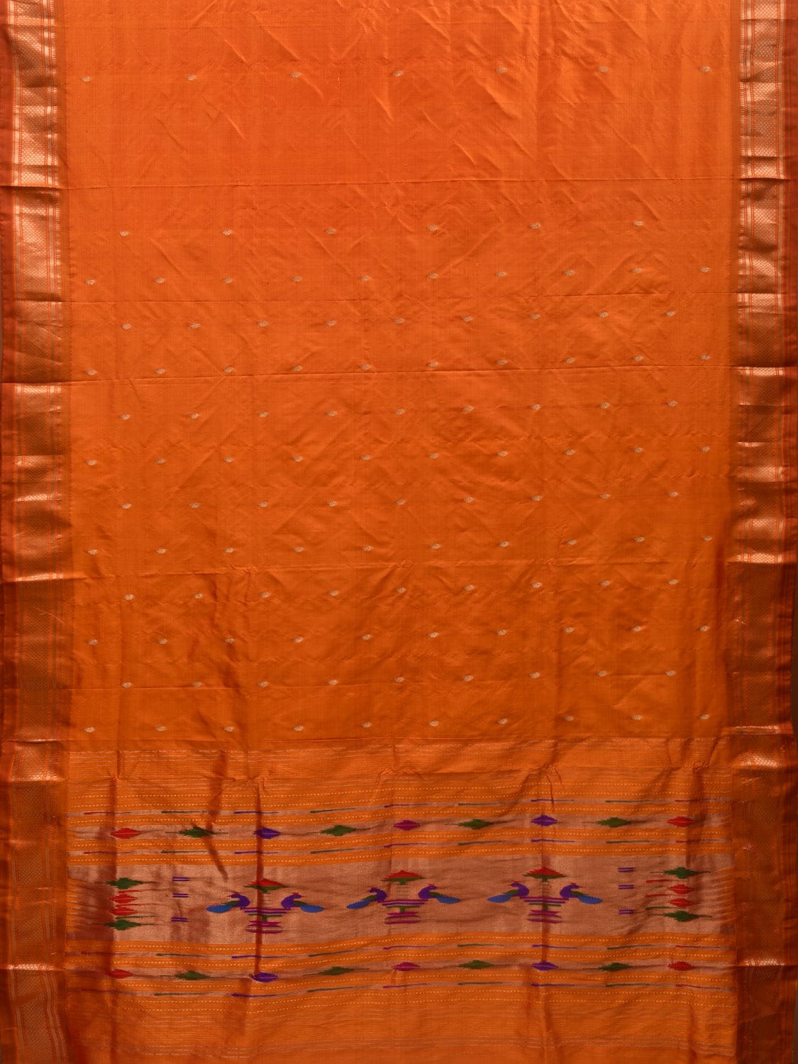 Orange Paithani Silk Handloom Saree with Single Pallu Design p0448
