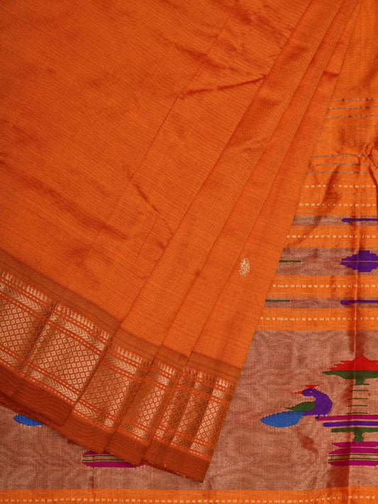 Orange Paithani Silk Handloom Saree with Single Pallu Design p0448