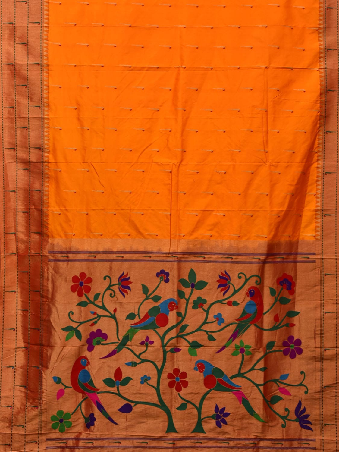 Orange Paithani Silk Handloom Saree with Triple Muniya Border and Pallu Design p0482