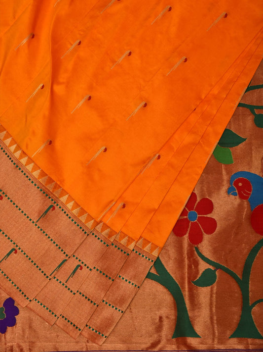 Orange Paithani Silk Handloom Saree with Triple Muniya Border and Pallu Design p0482