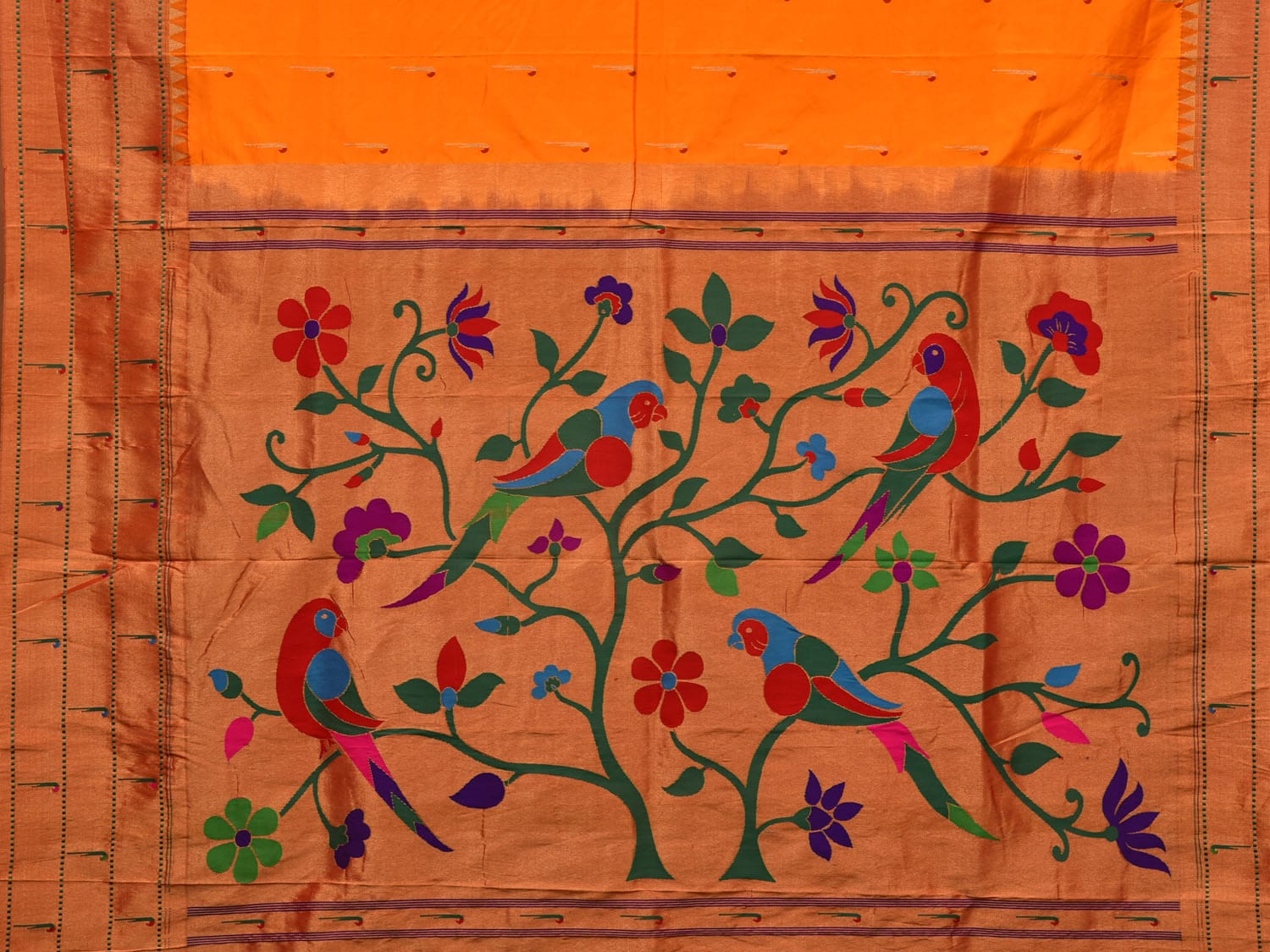 Orange Paithani Silk Handloom Saree with Triple Muniya Border and Pallu Design p0482