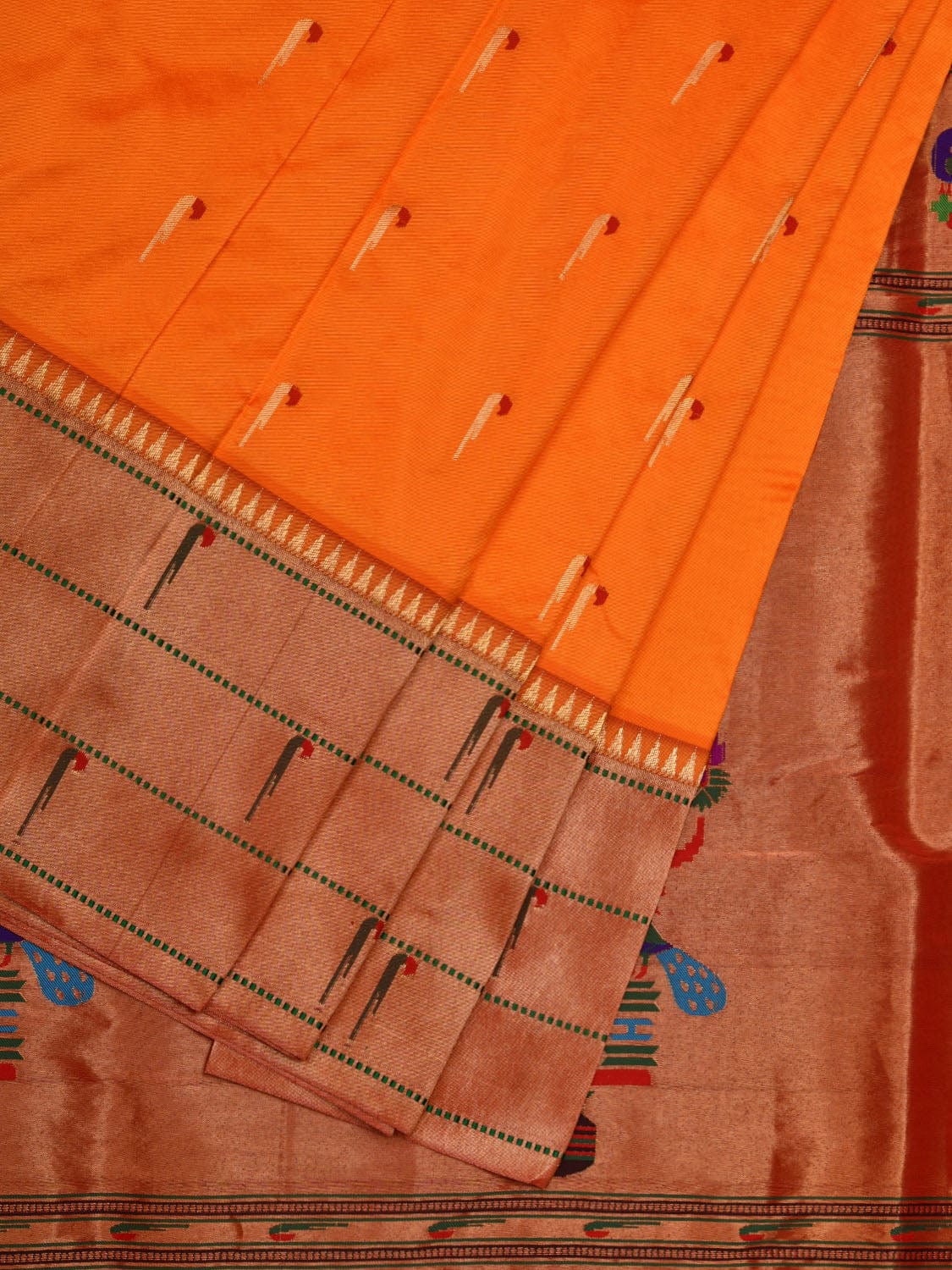 Orange Paithani Silk Handloom Saree with Triple Muniya Border Design p0442