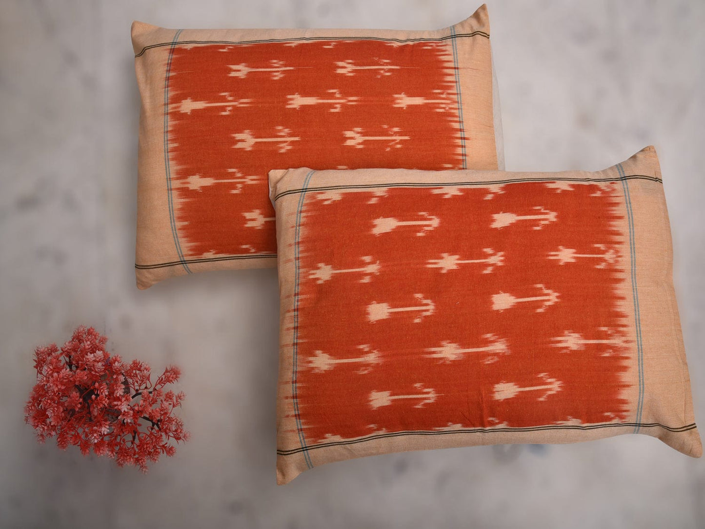 Orange Pochampally Ikat Cotton Handloom Bedsheet with Arrowhead Design 90 x 108 Inches bd0047