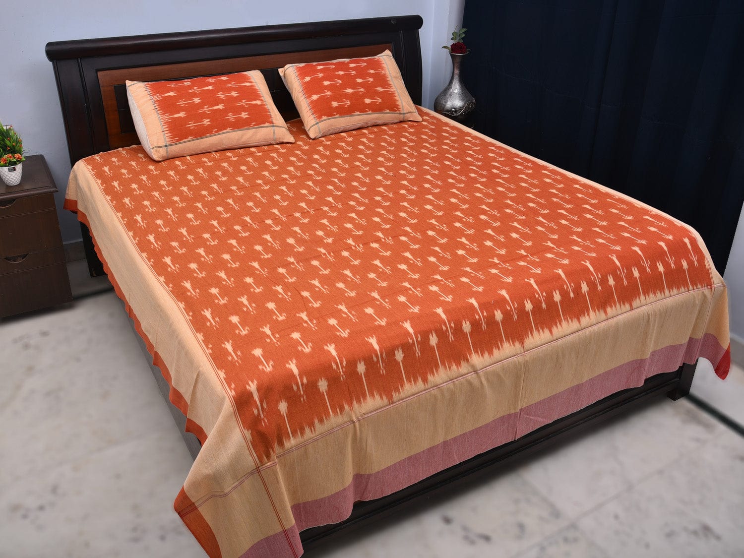Orange Pochampally Ikat Cotton Handloom Bedsheet with Arrowhead Design 90 x 108 Inches bd0047