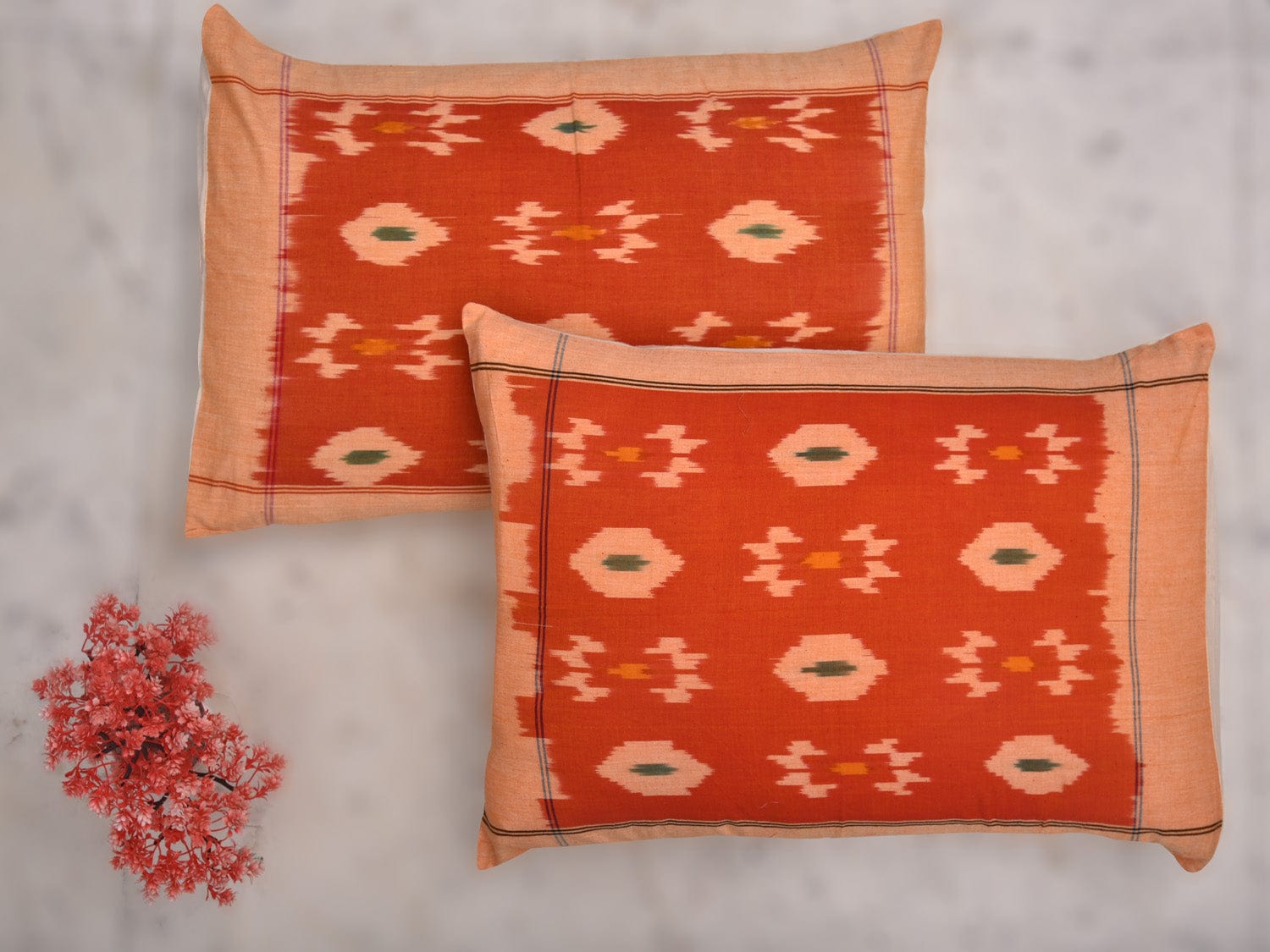 Orange Pochampally Ikat Cotton Handloom Bedsheet with Body Buta Design 90 x 108 Inches bd0053