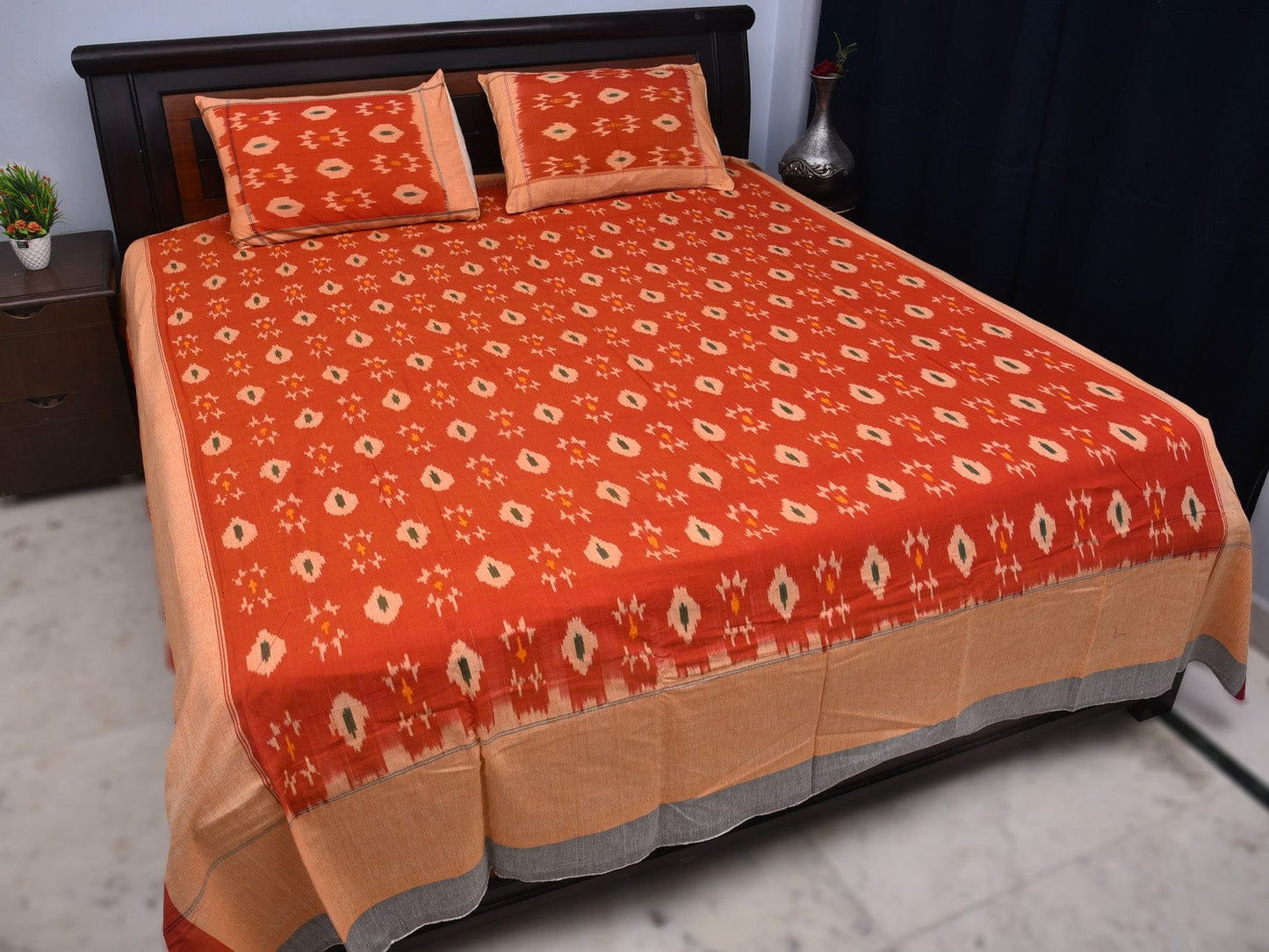 Orange Pochampally Ikat Cotton Handloom Bedsheet with Body Buta Design 90 x 108 Inches bd0053