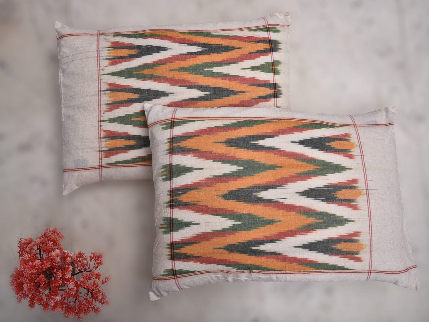 Orange Pochampally Ikat Cotton Handloom Bedsheet with Zig-Zag Design 90 x 108 Inches bd0051