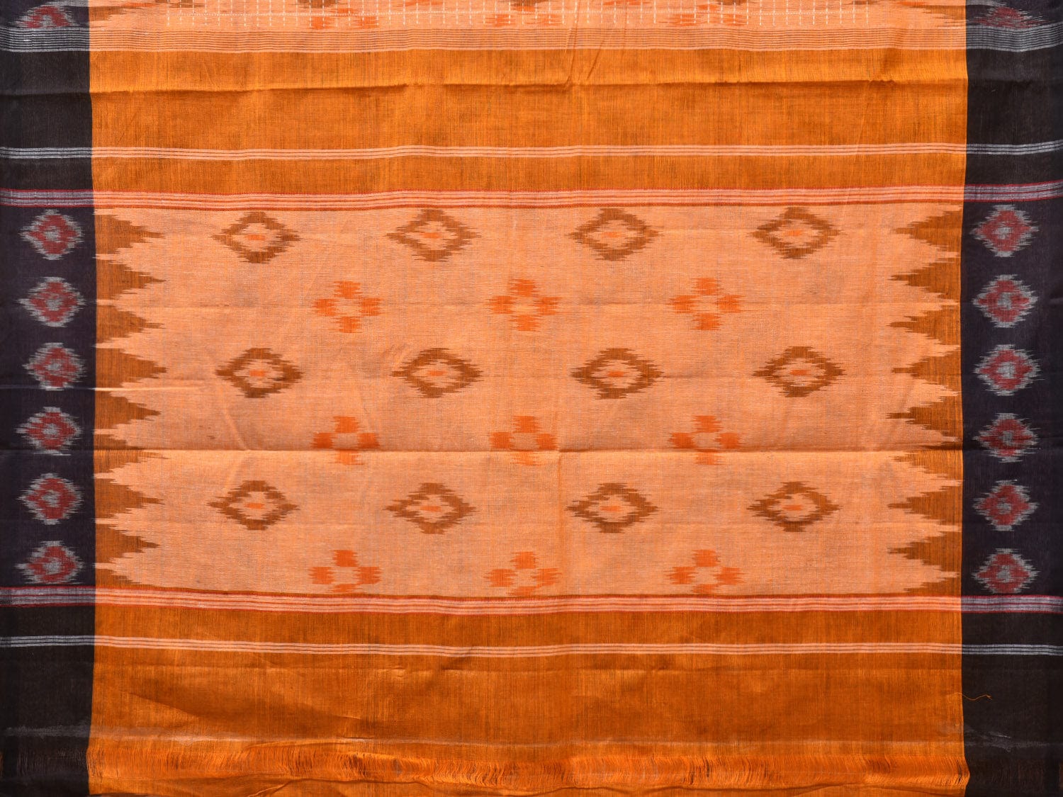 Orange Pochampally Ikat Cotton Handloom Saree with Grill and Big Temple Border Design No Blouse i0807
