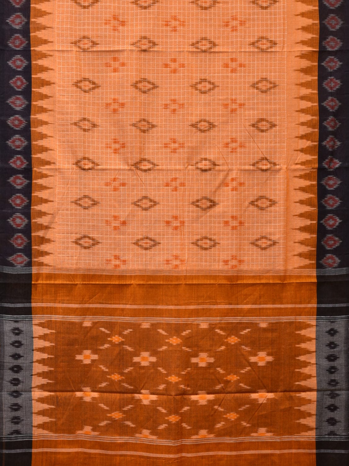 Orange Pochampally Ikat Handloom Saree with Checks and Border Design No Blouse i0818